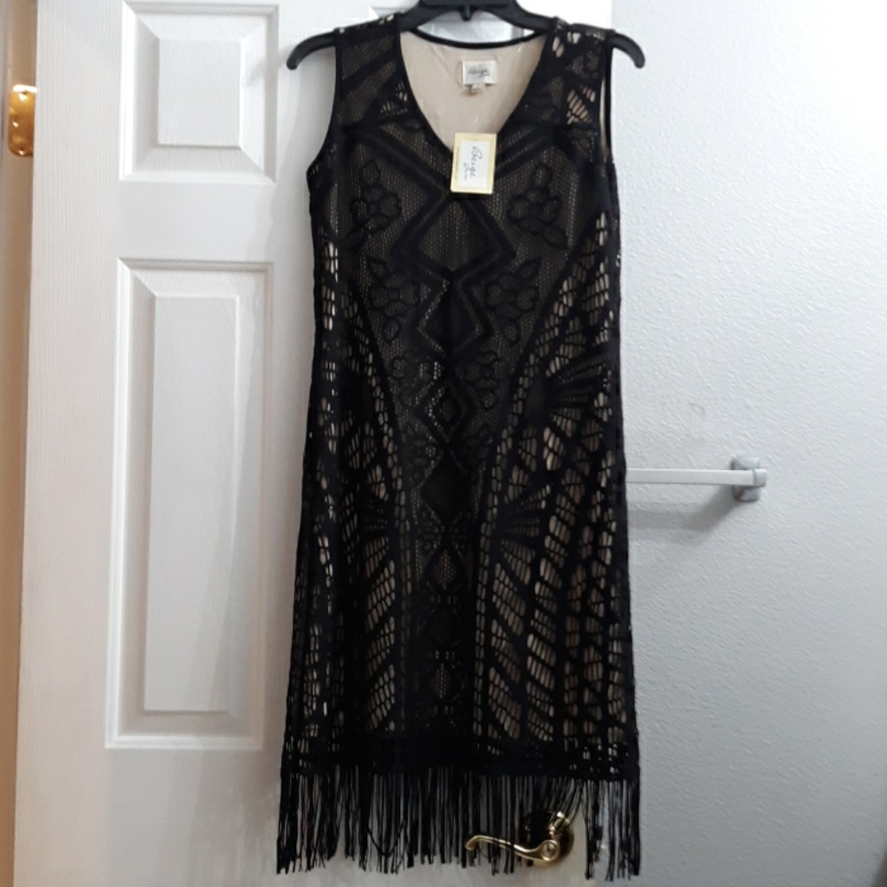 Beige by eci black dress with fringe. - Picture 5 of 10
